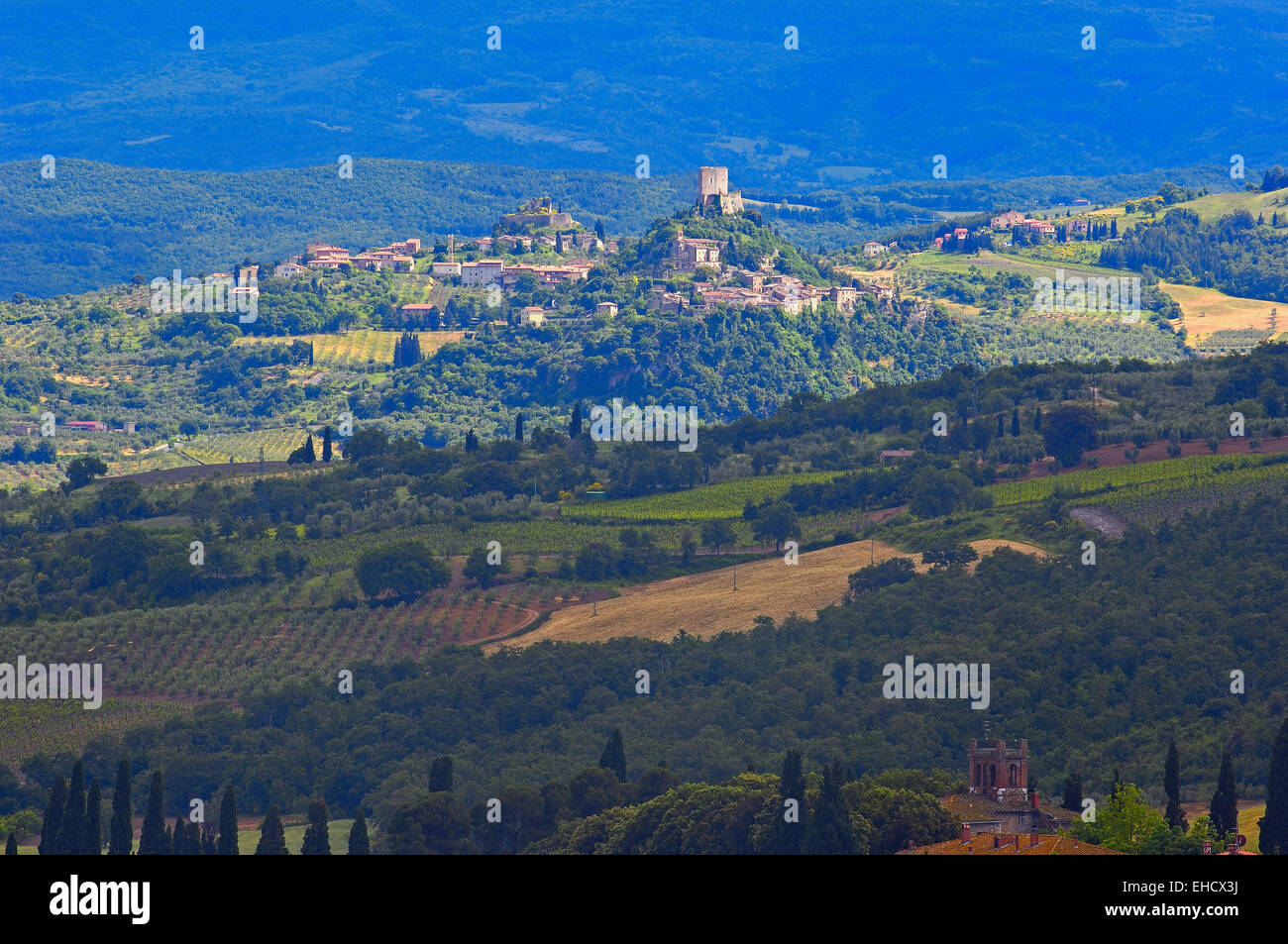 Rocca D´Orcia, Rocca Tentennano bei Sonnenuntergang, Val d ' Orcia, Orcia-Tals. UNESCO-Weltkulturerbe, Toskana Landschaft, Siena Pr Stockfoto