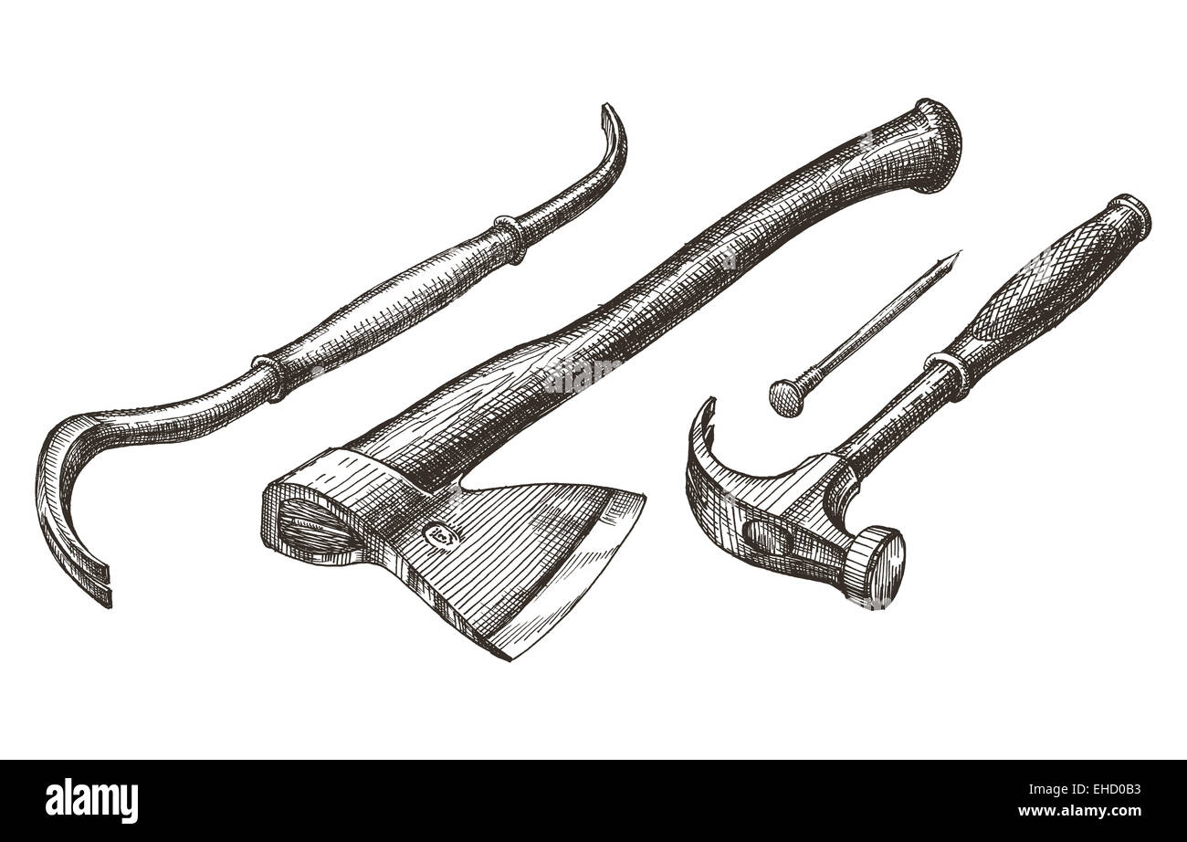 Werkzeuge Vektor-Logo Design-Vorlage. Hammer und Nagel oder Axt, Kralle-Symbol. Stockfoto