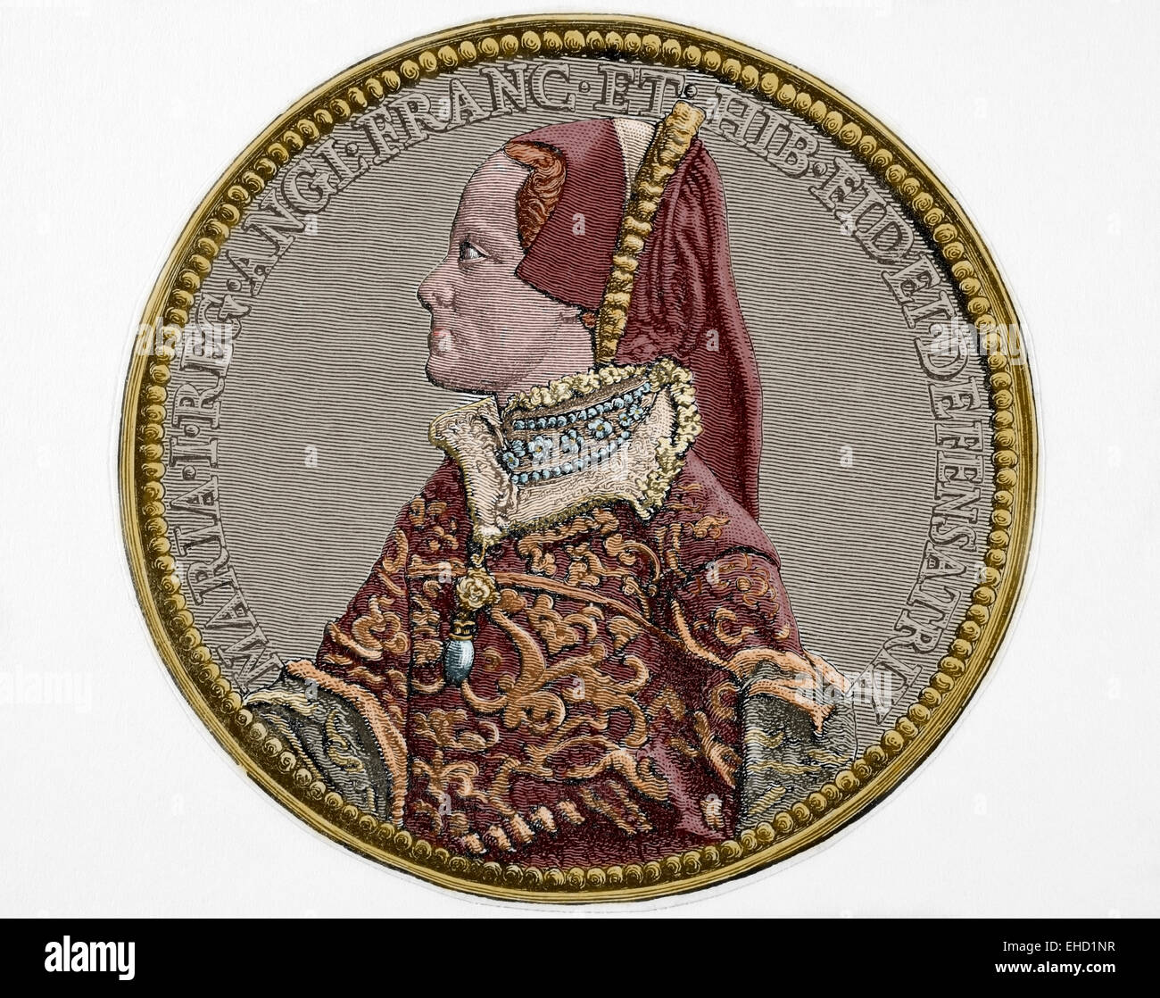 Maria i. von England (1516-1558). Königin von England und Irland. Porträt. Gravur in "Historia Universal", 1883. Farbige. Stockfoto