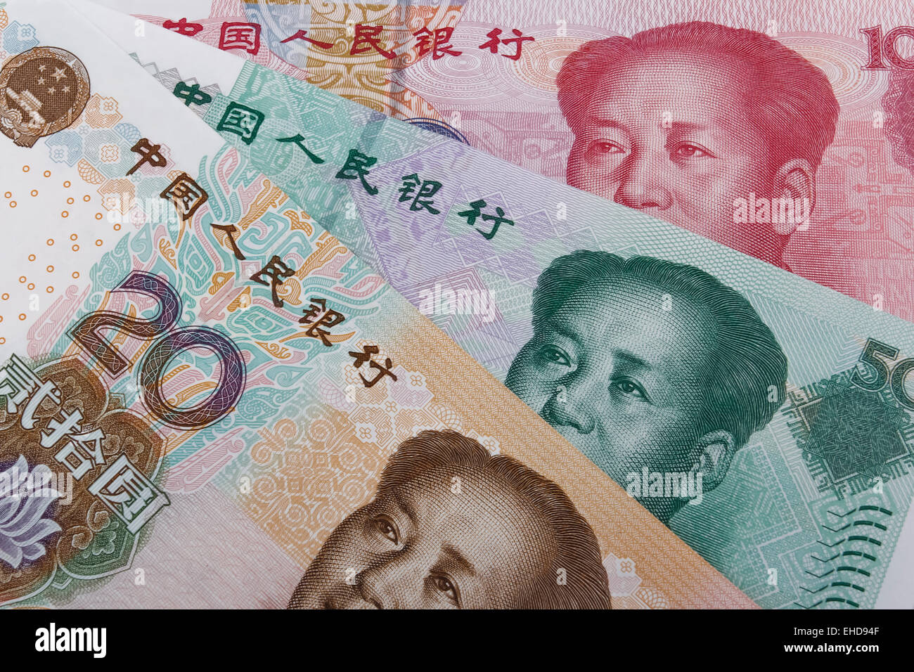 Chinesisches Geld (RMB). 20, 50 und 100 RMB-Note. Stockfoto
