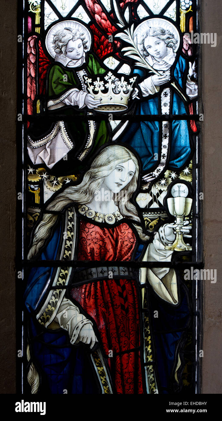 Heilige Barbara Glasmalerei, St. Barbara-Kirche, Ashton unter Hill, Worcestershire, England, UK Stockfoto