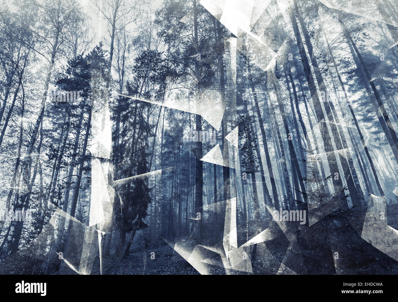 Abstrakt surreal Wald Hintergrund. Chaotische 3D-Struktur blau getönten Foto-Collagen Stockfoto