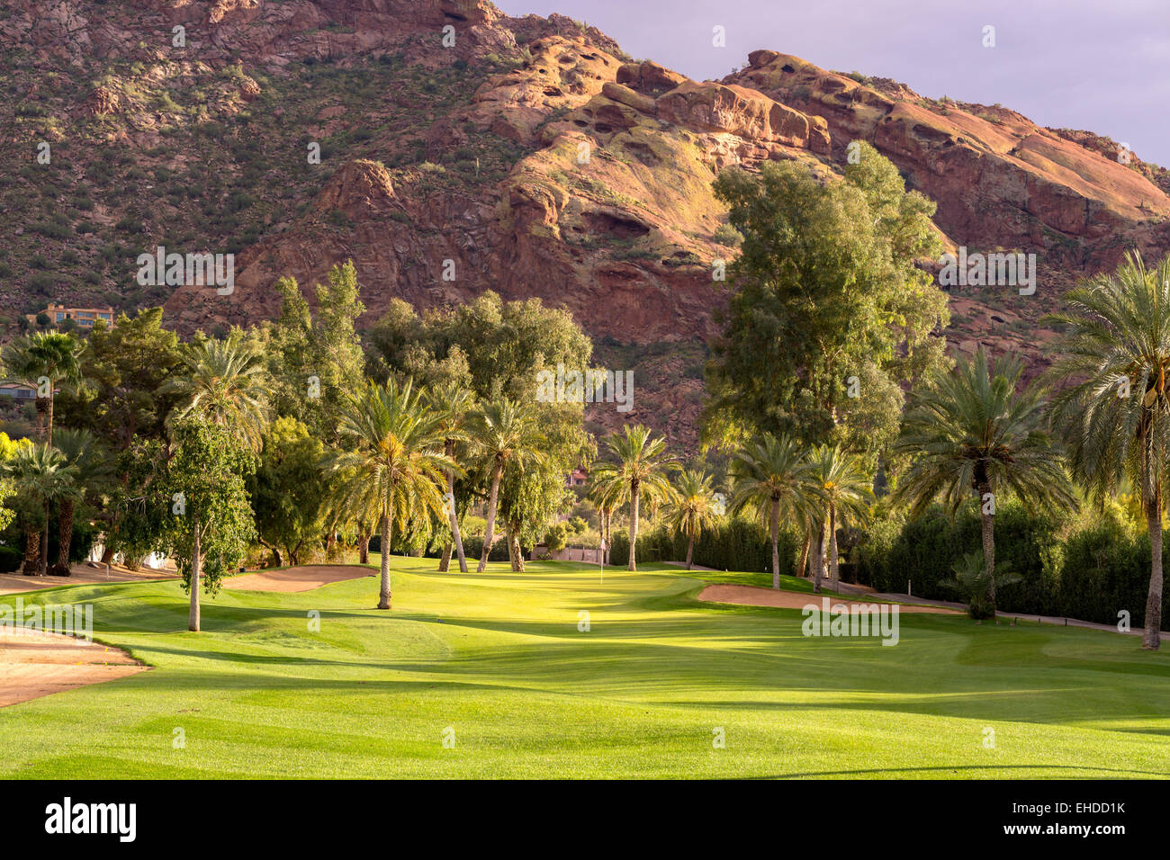 Golfplatz Fairway in schöne goldene Stunde Licht getaucht, mit Camelback Mountain im Hintergrund, Phoenix, Az, USA Stockfoto