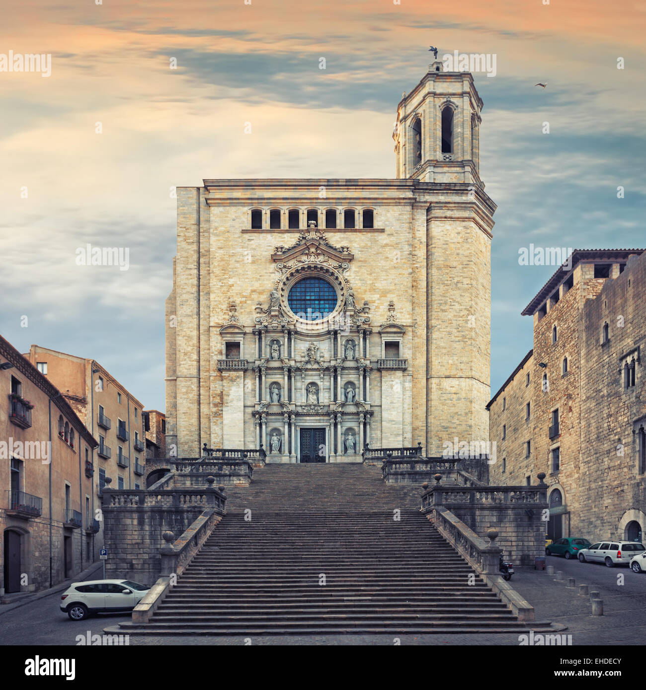 Catedral de Santa Maria de Gerona, Blick von der Treppe, Barcelona, Spanien, Katalonien Stockfoto