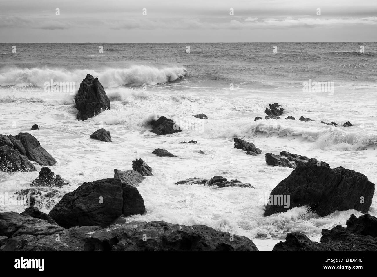 Die Küste rund um die Basis des Mauoa Berges in Tauranga, Neuseeland. Schwarz / weiß Seestück Stockfoto