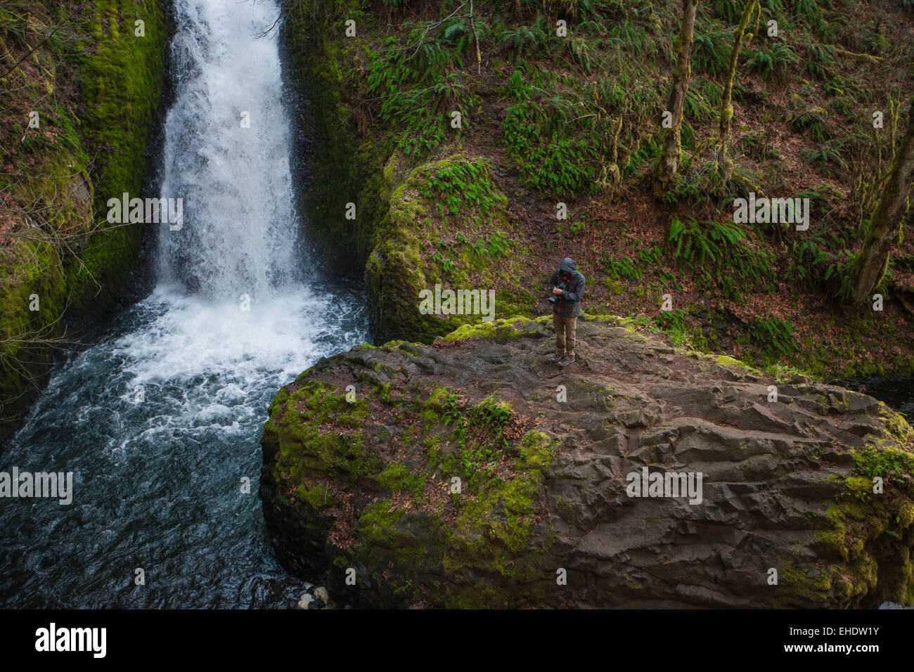 männlichen Fotografen stehen auf einem großen Felsen direkt neben einem massiven Wasserfall in Brautmoden fällt Oregon Überprüfung seiner Aufnahmen Stockfoto