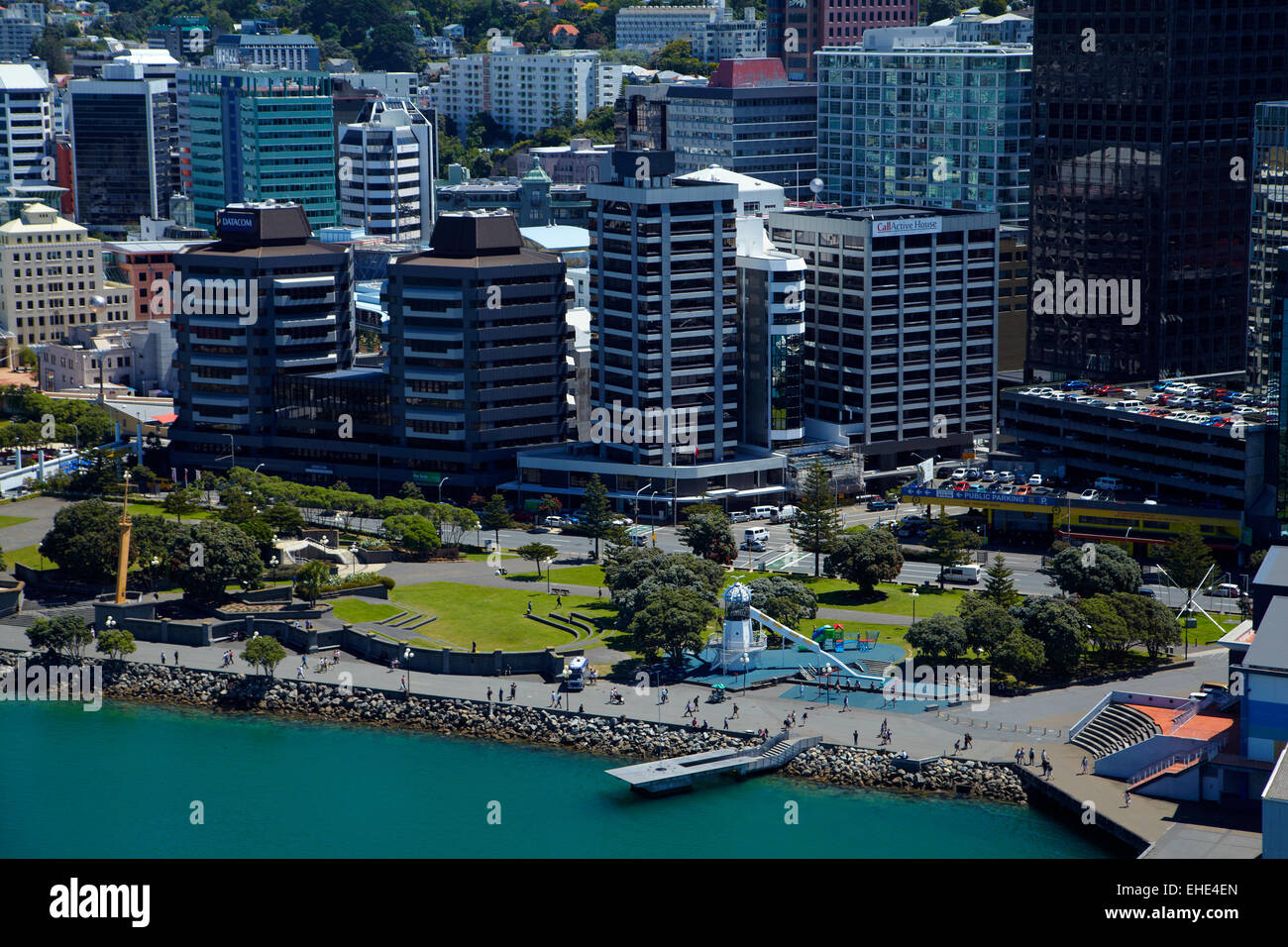 Frank Kitts Park, Wellington Waterfront, North Island, New Zealand - Antenne Stockfoto