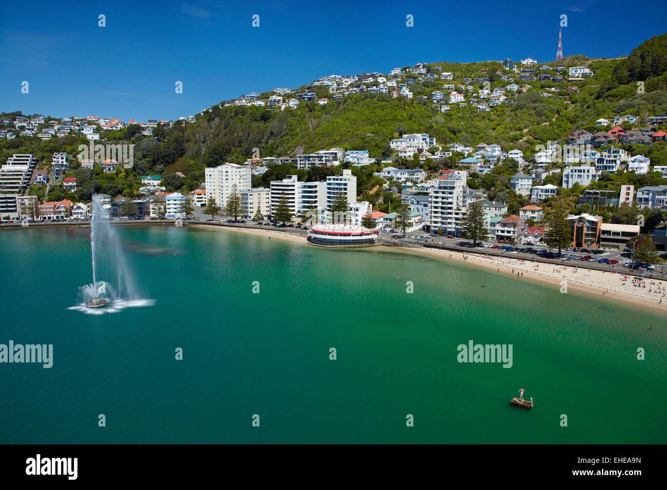 Brunnen, Oriental Bay, und Mt Victoria, Wellington, Nordinsel, Neuseeland - Antenne Stockfoto