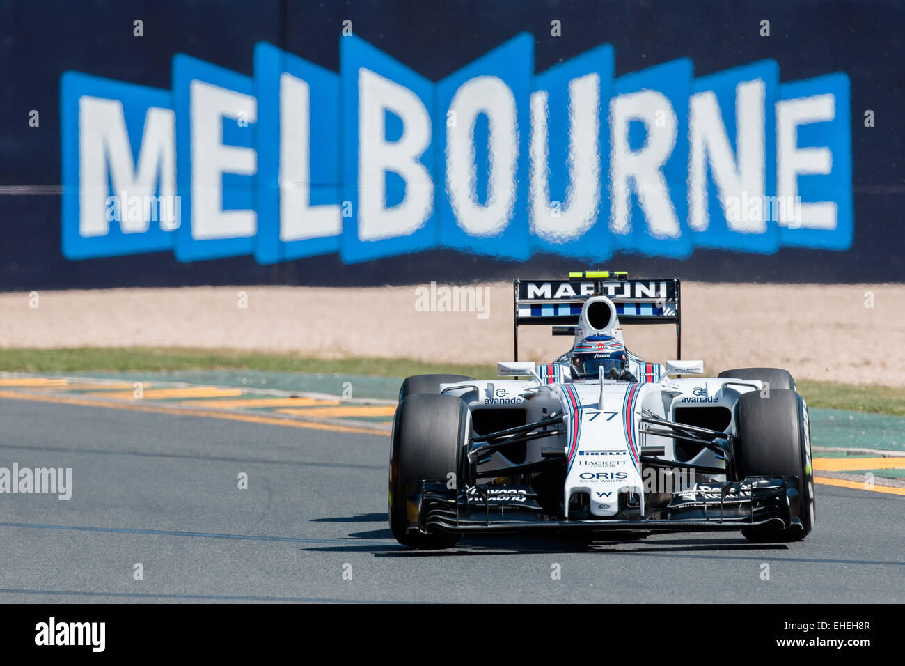 Albert Park, Melbourne, Australien. 13. März 2015. Valtteri Bottas (FIN) #77 vom Williams Martini Racing Team beendet Runde 3 an die 2015 Australian Formula One Grand Prix im Albert Park in Melbourne, Australien. Sydney Low/Cal Sport Media/Alamy Live-Nachrichten Stockfoto