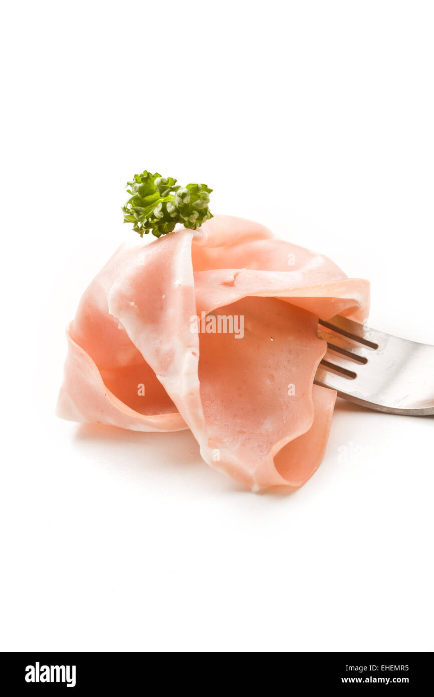 Gabel mit dünnen Scheibe mortadella Stockfoto