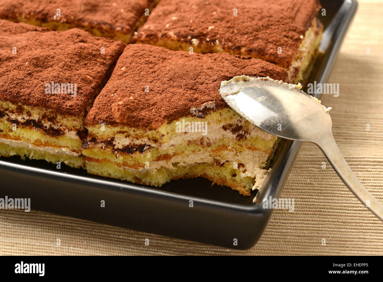 Nahaufnahme von Tiramisu-Torte mit Kakao; selektiven Fokus. Stockfoto