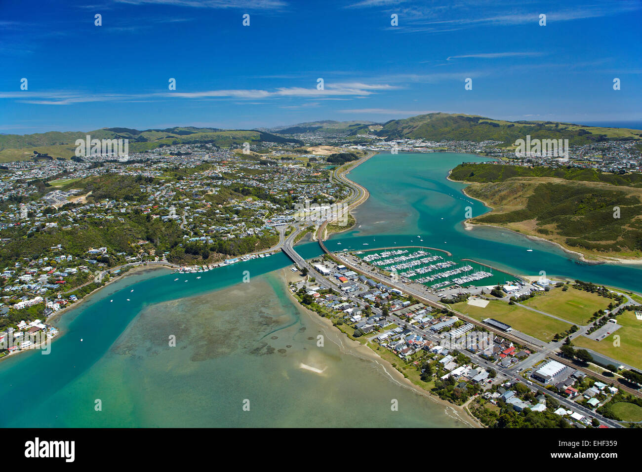 Pauatahanui Inlet, Porirua Harbour, Region Wellington, Nordinsel, Neuseeland - Antenne Stockfoto