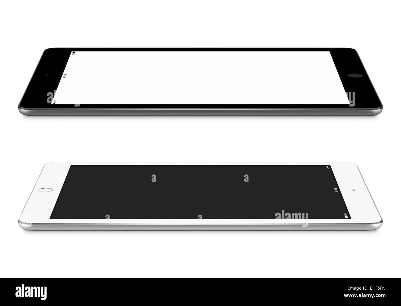 Schwarz / weiß-Tablet-PCs mit leeren Bildschirm Mockup liegen auf der Oberfläche, linken und rechten Seite Ansicht, isoliert auf weißem backg Stockfoto