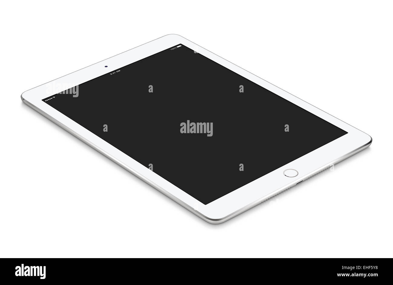 Weiße Tablet-Computer mit Bildschirm-Mock-up auf der Oberfläche liegt isoliert auf weißem Hintergrund. Gesamte Bild im Fokus, hohe qua Stockfoto