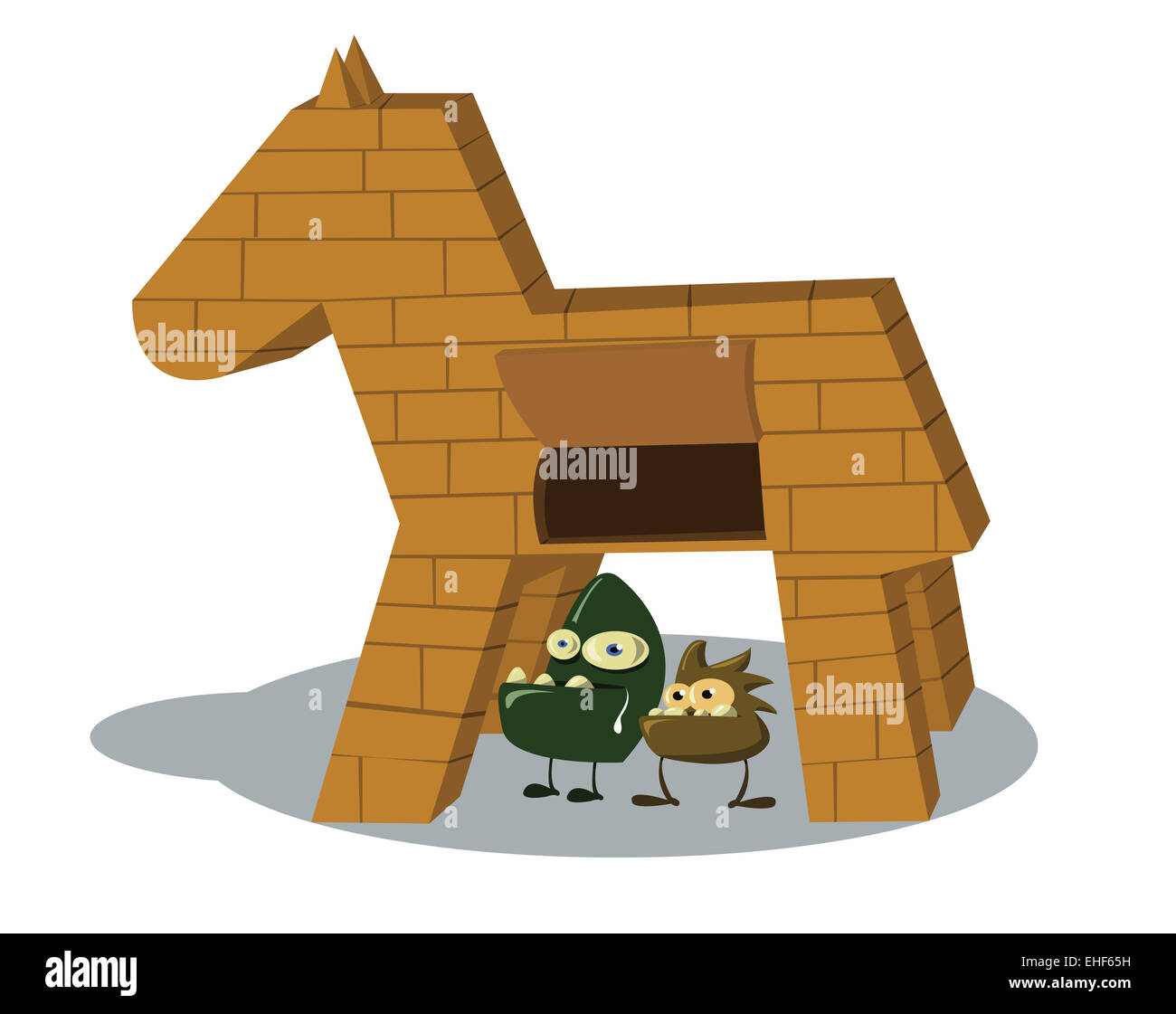 ein lustiges paar Trojaner-Virus immer aus einem hölzernen Pferd Stockfoto