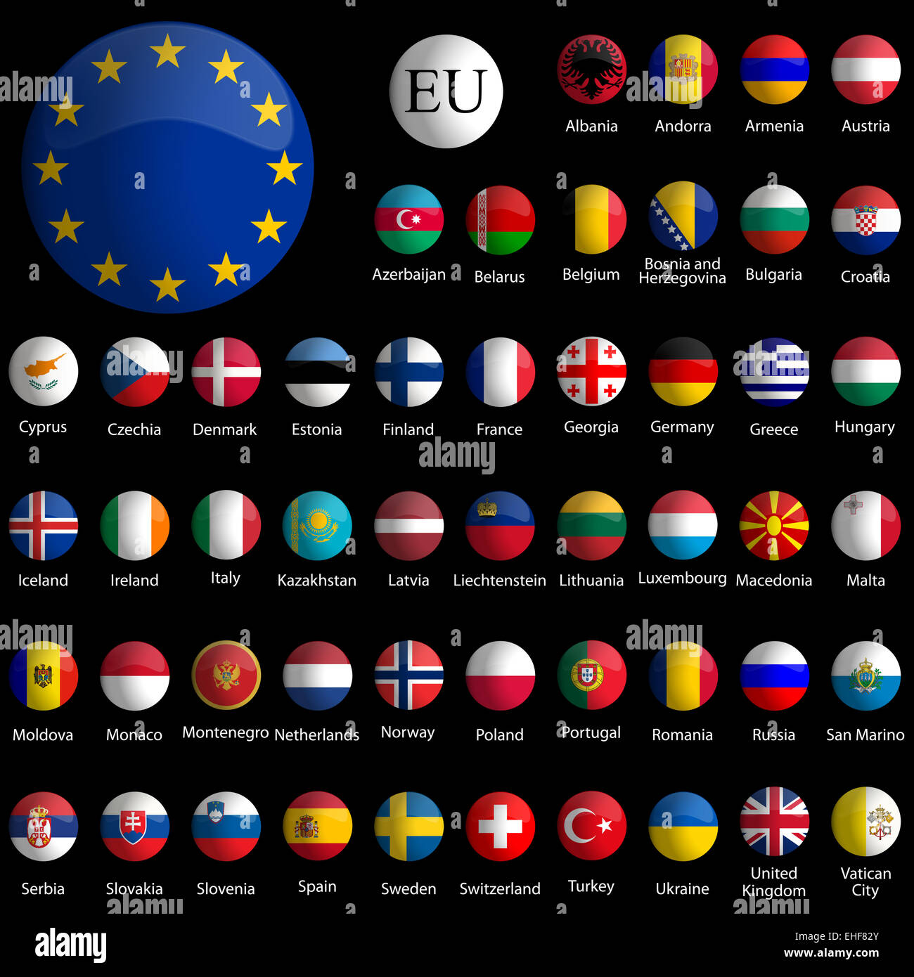 Europa glänzend Symbolsammlung gegen Schwarz Stockfoto