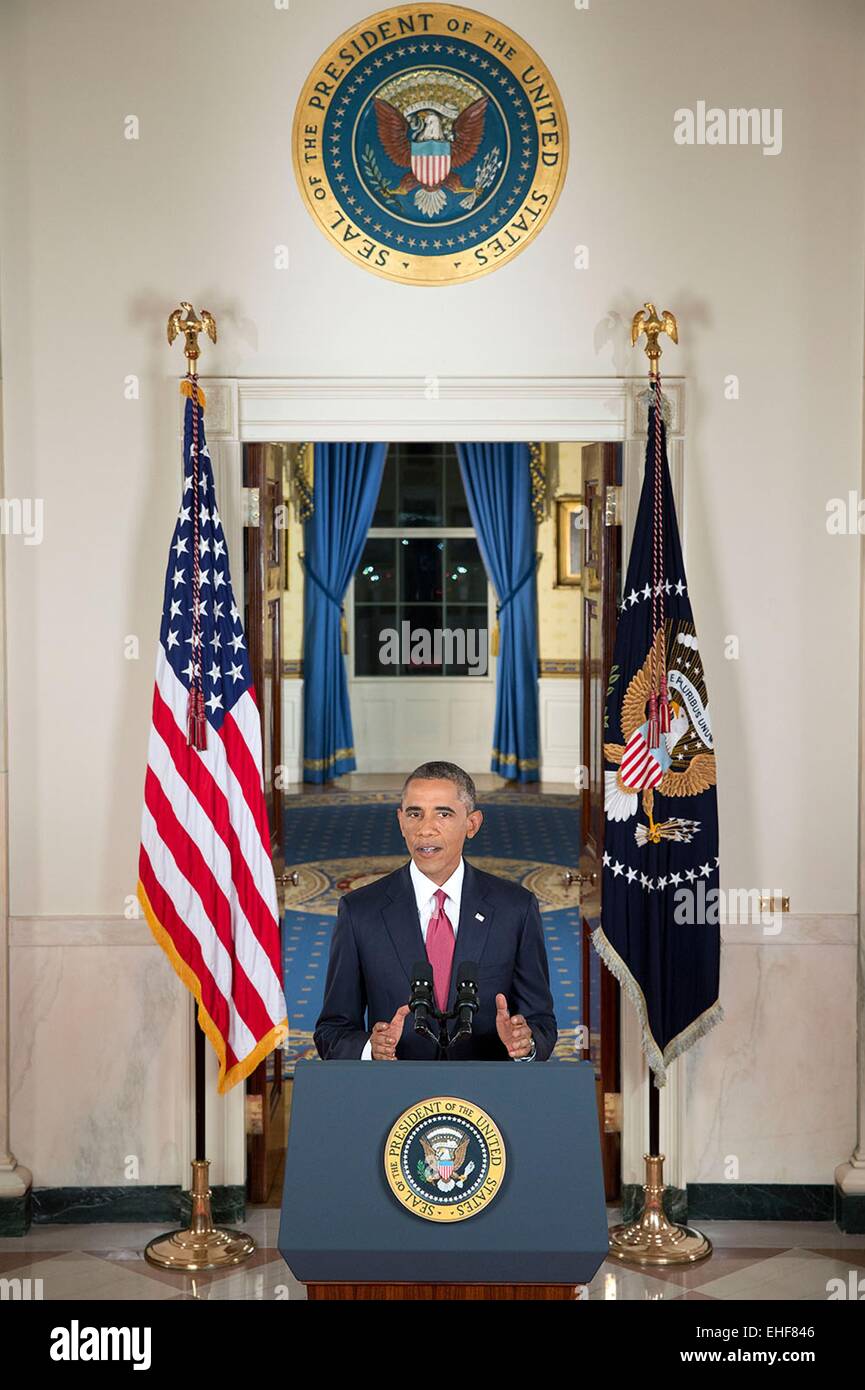 US-Präsident Barack Obama liefert eine Adresse an die Nation auf die Anti-Terror-Strategie gegen die Terrorgruppe ISIS im Irak und in Syrien aus dem Kreuz-Saal des weißen Hauses 10. September 2014 in Washington, DC. Stockfoto