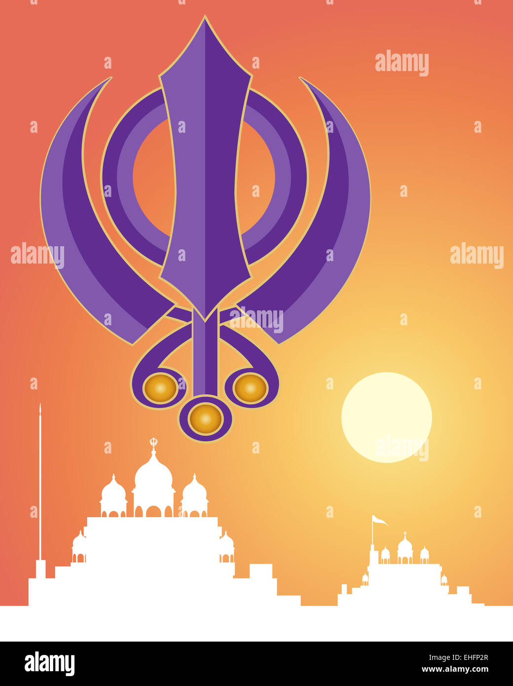 eine Illustration des Sikh Heiligen Symbols in lila mit weißen Gurdwara Architektur auf einem Sonnenuntergang Hintergrund Stockfoto