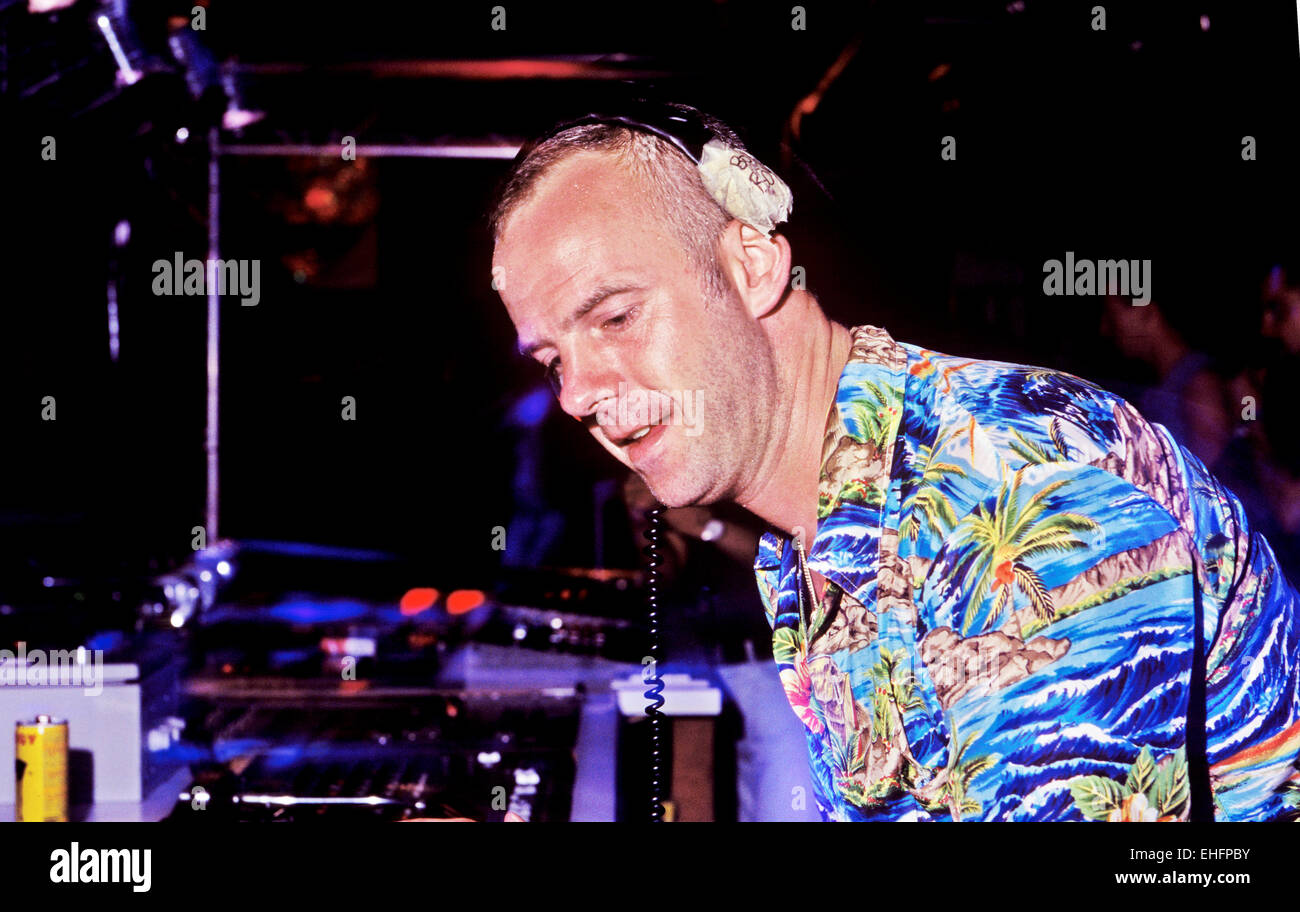 Norman Cook (Fatboy Slim) DJing auf abgehört @ Amnesia Ibiza. Stockfoto