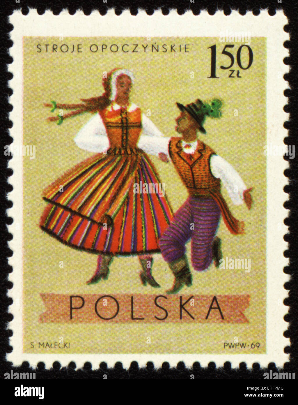 Polen - ca. 1969: Eine Briefmarke gedruckt in Polen zeigt polnischen Volkstänzer in Kostümen aus Opoczynski region Stockfoto
