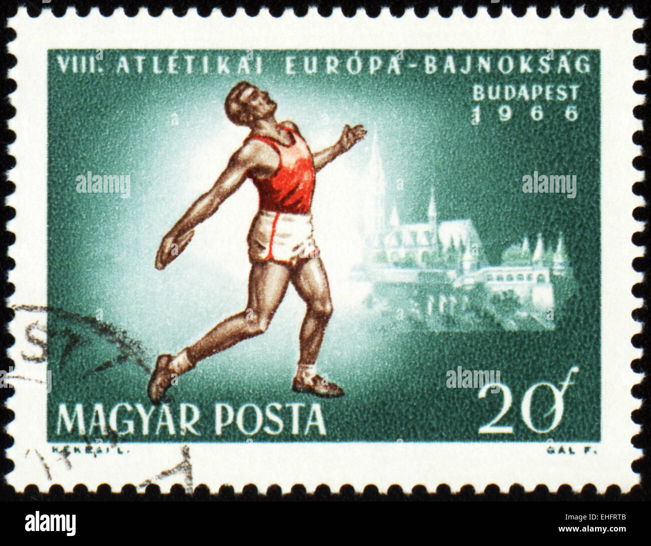 Ungarn - ca. 1966: Eine Briefmarke gedruckt in Ungarn-Shows laufen Sportler am Ziel Stockfoto