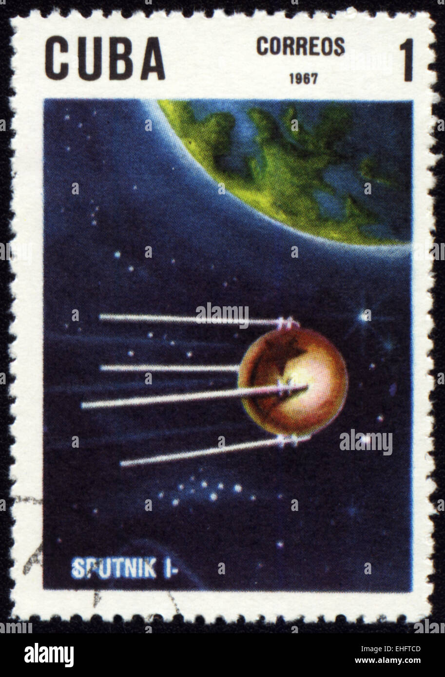 Kuba - CIRCA 1967: Eine Briefmarke gedruckt in Kuba zeigt Flug des ersten sowjetischen Raumschiff Sputnik-1 Stockfoto