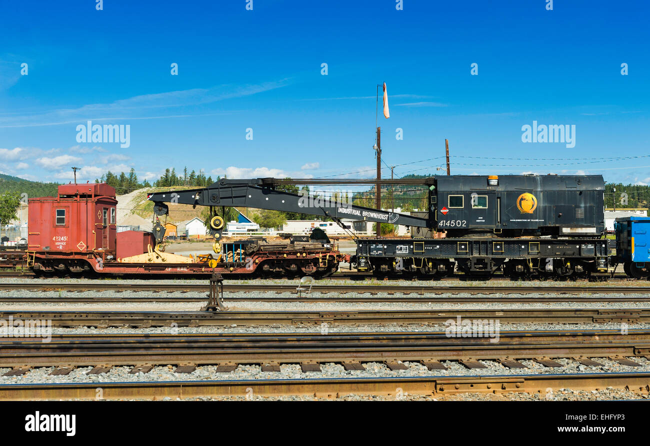 Canadian Pacific Railway 250 Tonnen schweren Kran Auto (1948) und Tender Auto, Wadhurst, East Kootenay, BC, Kanada Stockfoto