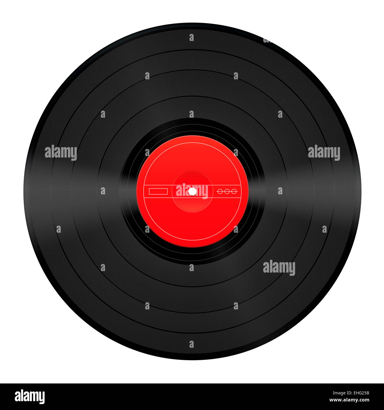 Vinyl-Schallplatte mit leeren roten Mitte, die mit Ihrem Firmenlogo oder Text beschriftet werden kann. Stockfoto