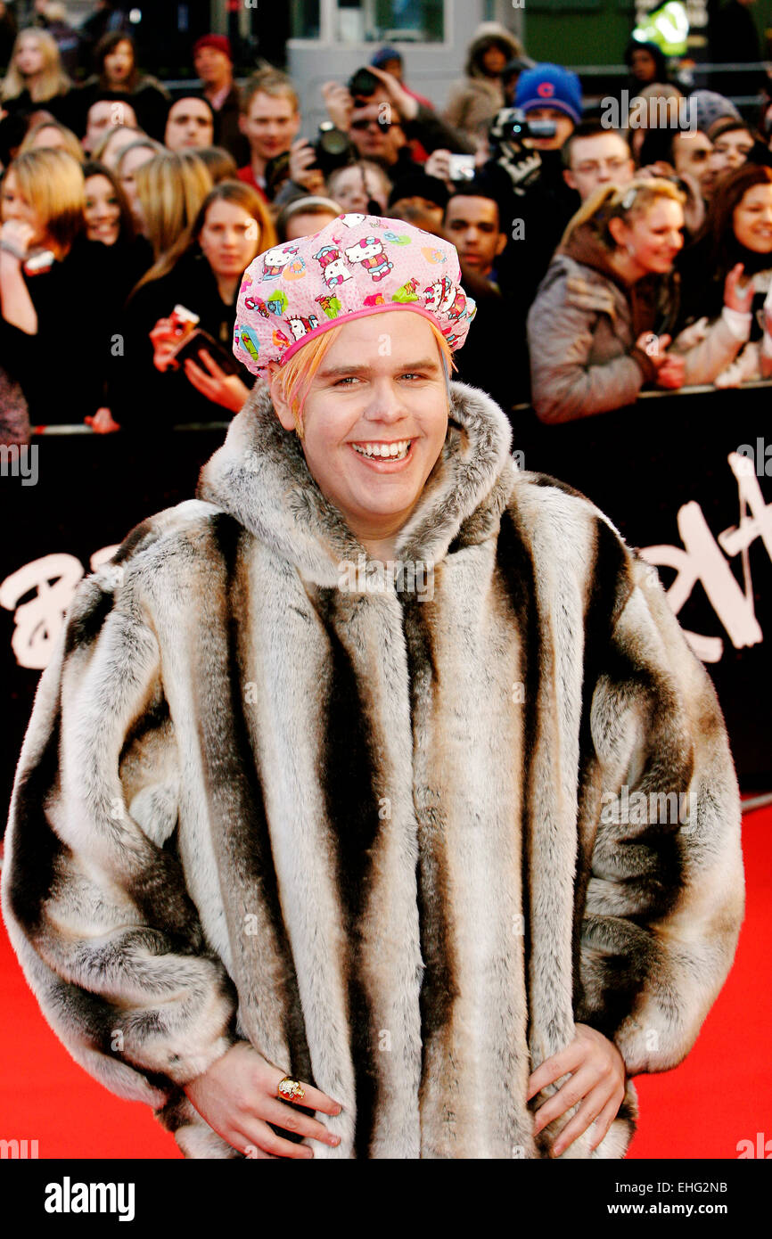 Perez Hilton bei den Brit Awards 2008 London. Stockfoto