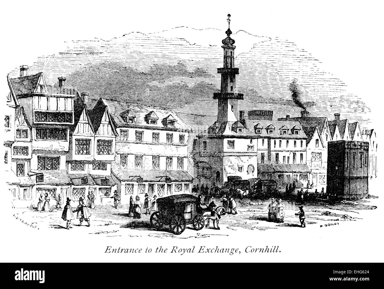 Eine Gravur des Eingangs zur Royal Exchange in Cornhill, London, die in hoher Auflösung von einem 1867 gedruckten Buch gescannt wurde. Urheberrechtlich geschützt. Stockfoto
