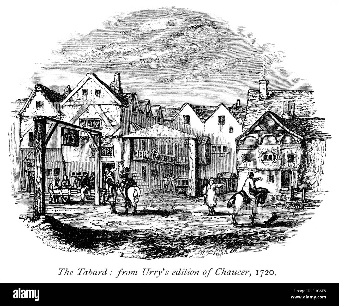 Gravieren von The Tabard, Southwark, von Urry Edition von Chaucer, gescannt, 1720 in hoher Auflösung aus einem Buch, gedruckt im Jahre 1867. Stockfoto Gravieren von The Tabard, Southwark, von Urry Edition von Chaucer, gescannt, 1720 in hoher Auflösung aus einem Buch, gedruckt im Jahre 1867. Stockfoto