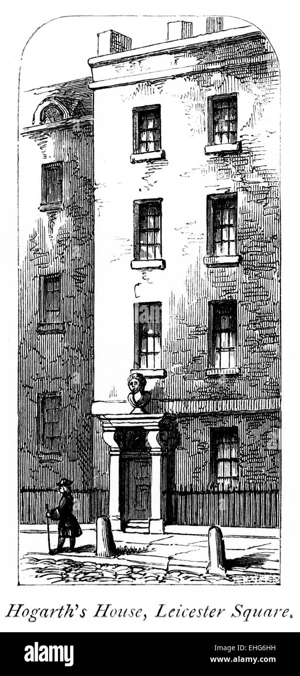 Ein Stich von William Hogarths Haus gescannt Leicester Square mit hoher Auflösung aus einem Buch, gedruckt im Jahre 1867. Stockfoto