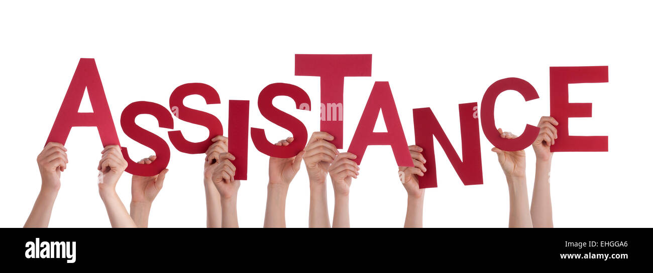 Viele kaukasische Menschen und Händen mit roten Buchstaben oder Zeichen Gebäude isoliert englische Wort Hilfe auf weißen Hinterg Stockfoto