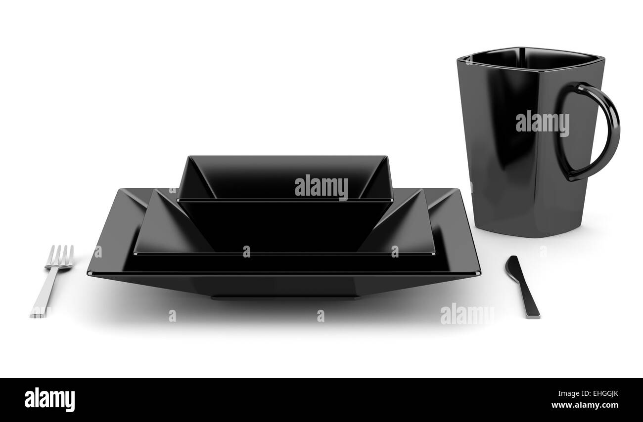 schwarzen Tischdekoration mit Tasse isoliert auf weißem Hintergrund Stockfoto