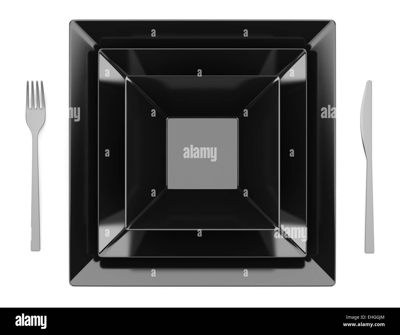 Draufsicht der schwarzen Tischdekoration isoliert auf weißem Hintergrund Stockfoto