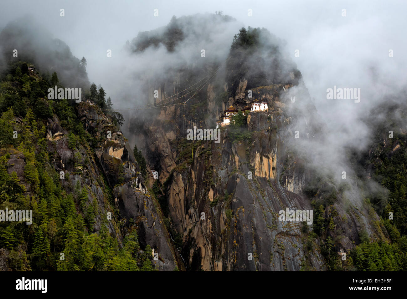 BU00325-00... BHUTAN - Taktshang Goemba, (der Tiger Nest Kloster), betrachtet an einem nebligen Morgen aus dem Teehaus. Stockfoto