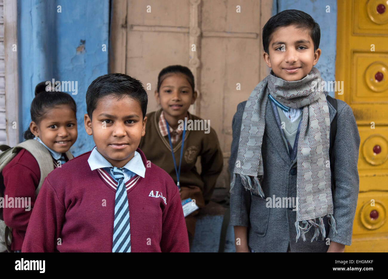 Schulkinder, blaue Stadt Jodhpur, Rajasthan, Indien Stockfoto