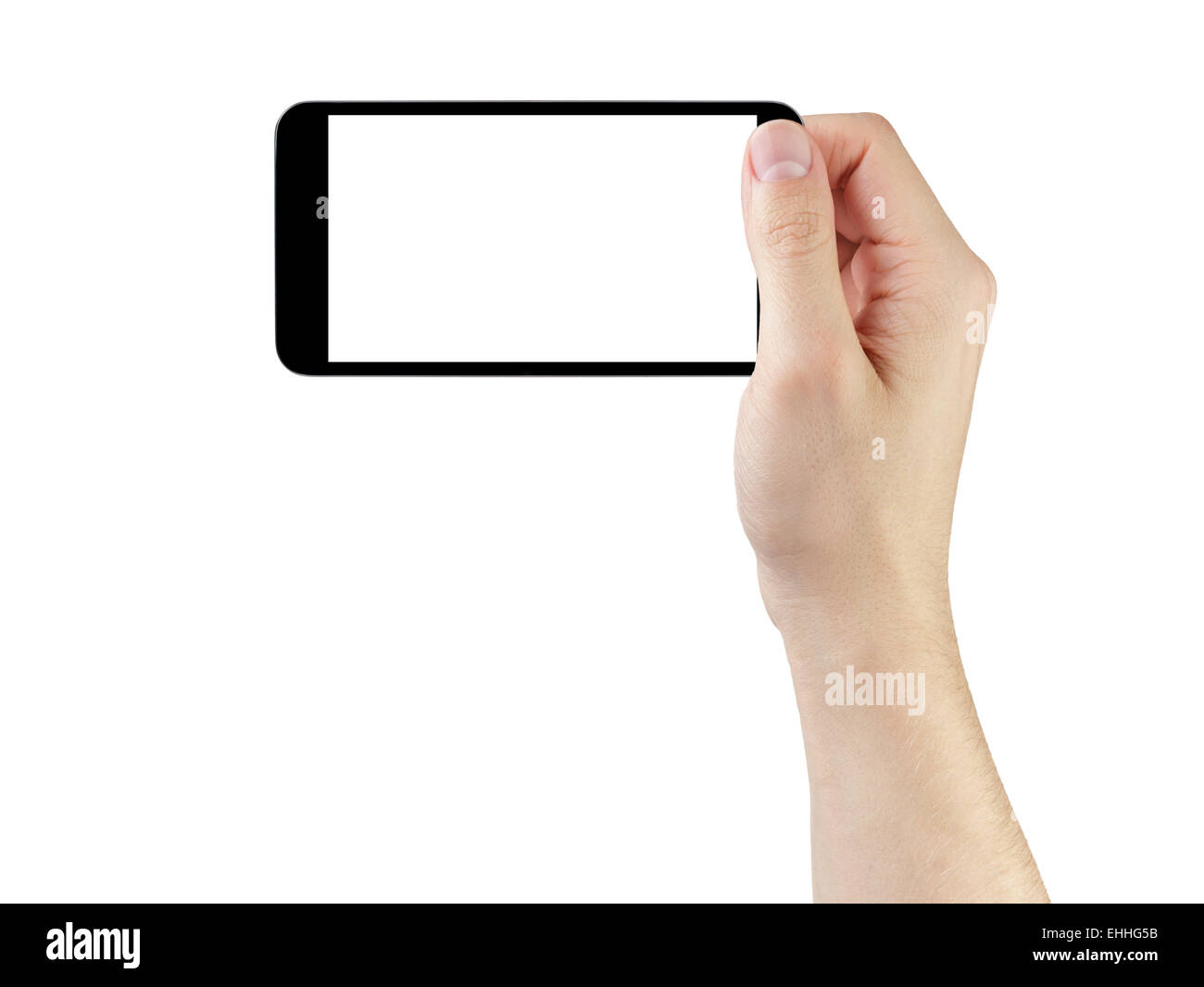 erwachsener Mann Hand nehmen Foto mit generischen Smartphone, isoliert Stockfoto
