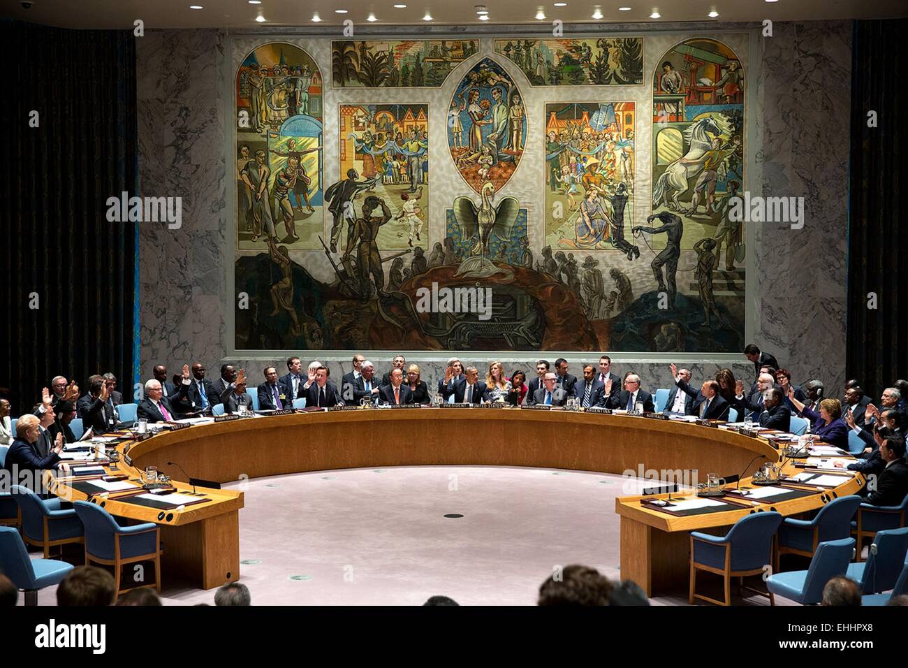 US-Präsident Barack Obama fordert eine Abstimmung, da er einen Nationen Sicherheitsrat-Gipfel auf ausländischen Kämpfern bei den Vereinten Nationen in New York, N.Y. 24. September 2014 Stühle Stockfoto