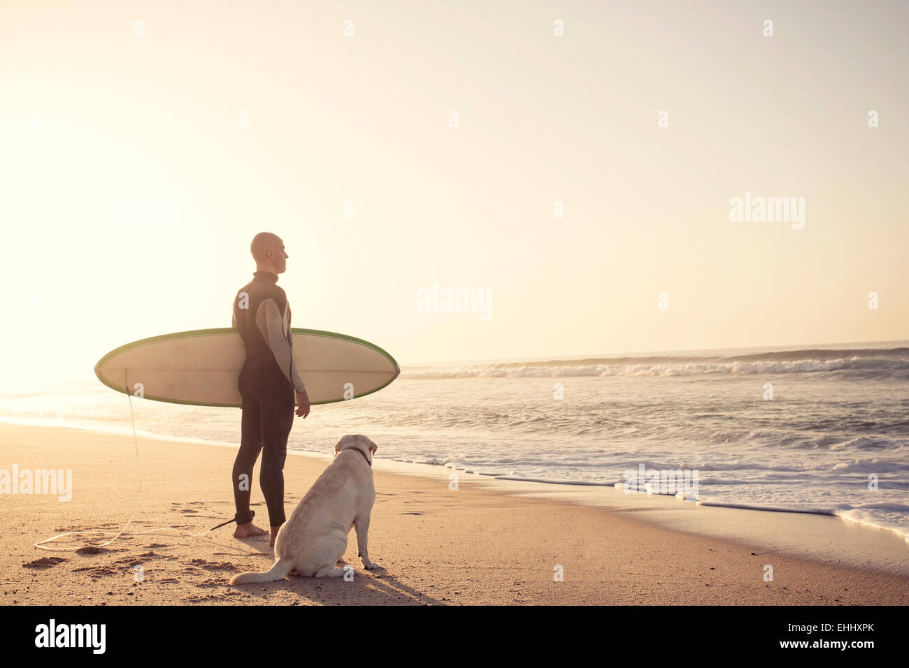 Surfist am Strand mit seinem besten Freund Stockfoto