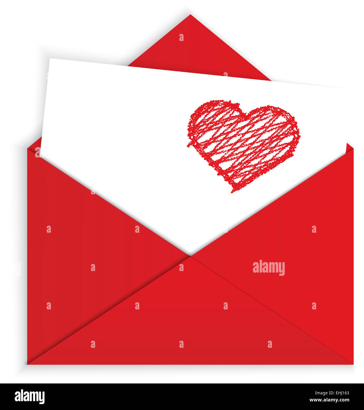 Herz-Kreide auf rotes Kuvert Stockfoto