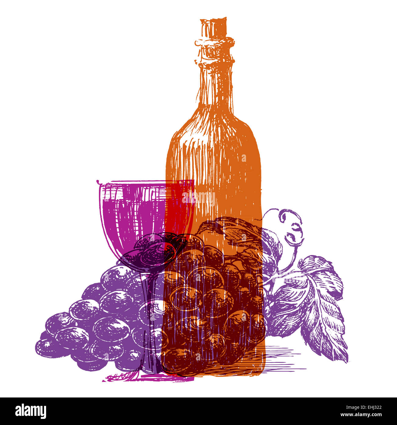 Wein, Weingut auf einem weißen Hintergrund. Skizze Stockfoto