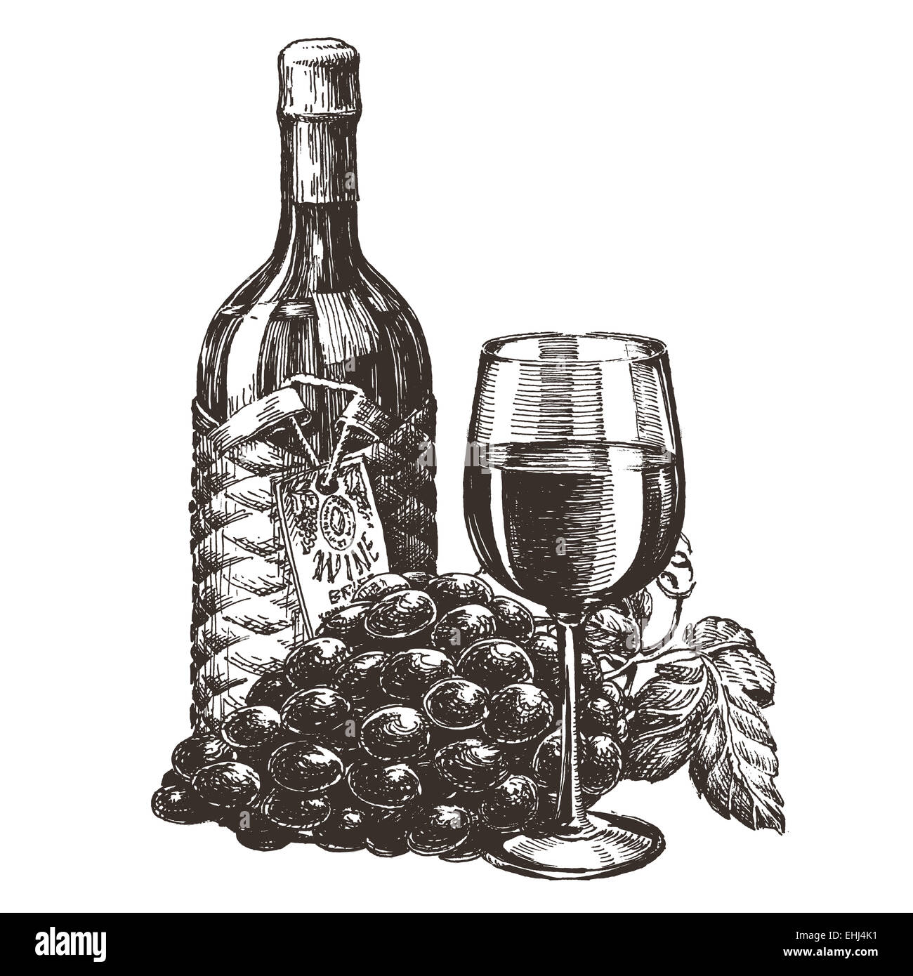Flasche Wein, Trauben, Glas auf weißem Hintergrund. Skizze Stockfoto
