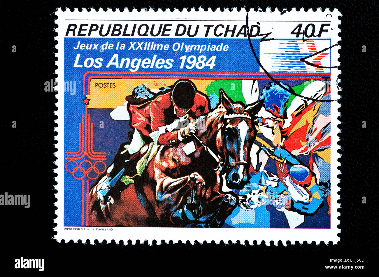 Freimarke von Republik Tschad. Es wurde anlässlich der Olympischen Spiele 1984 in Los Angeles ausgestellt Stockfoto