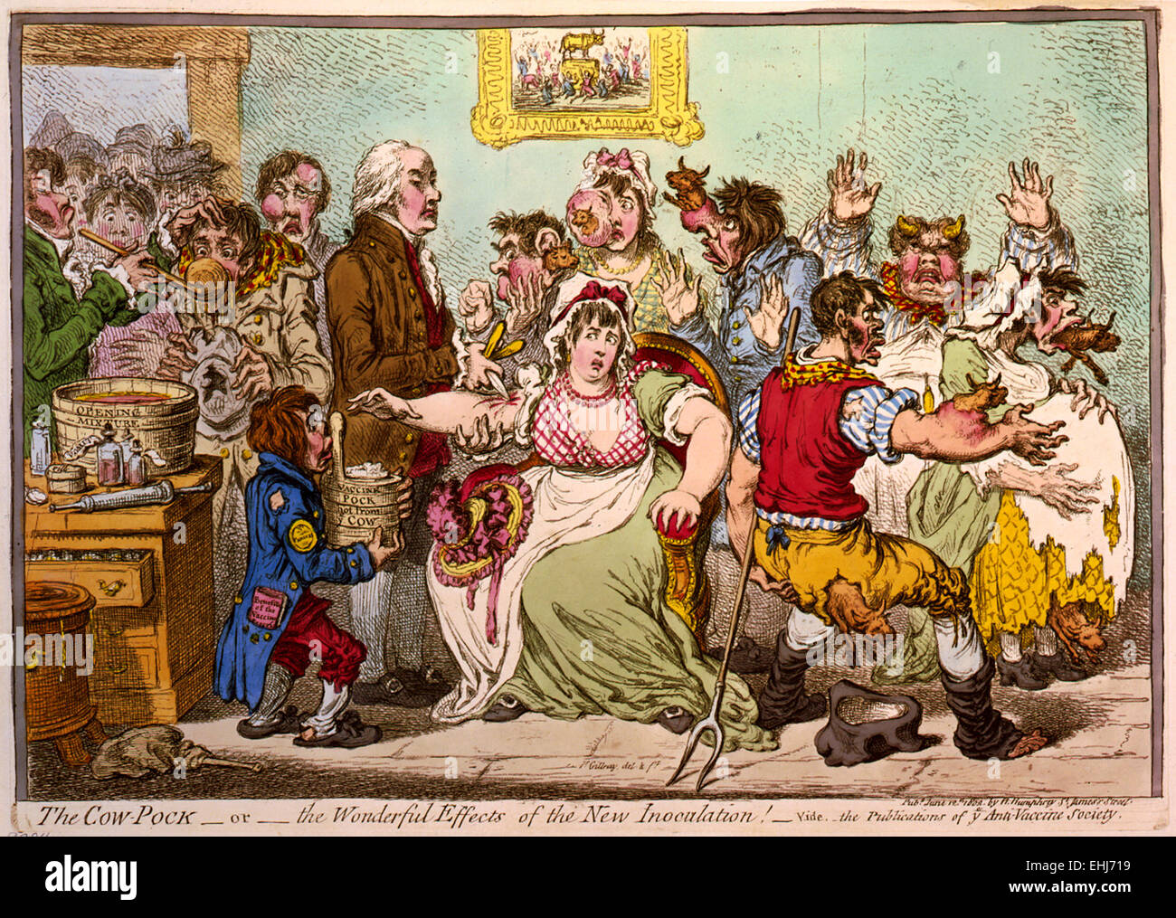 Karikatur von Impfung Szene an den Pocken und Impfung Hospital in St. Pancras, zeigt Dr. Jenner verängstigte junge Frau und Kühe aus verschiedenen Teilen der Körper des Menschen zu impfen. Stockfoto