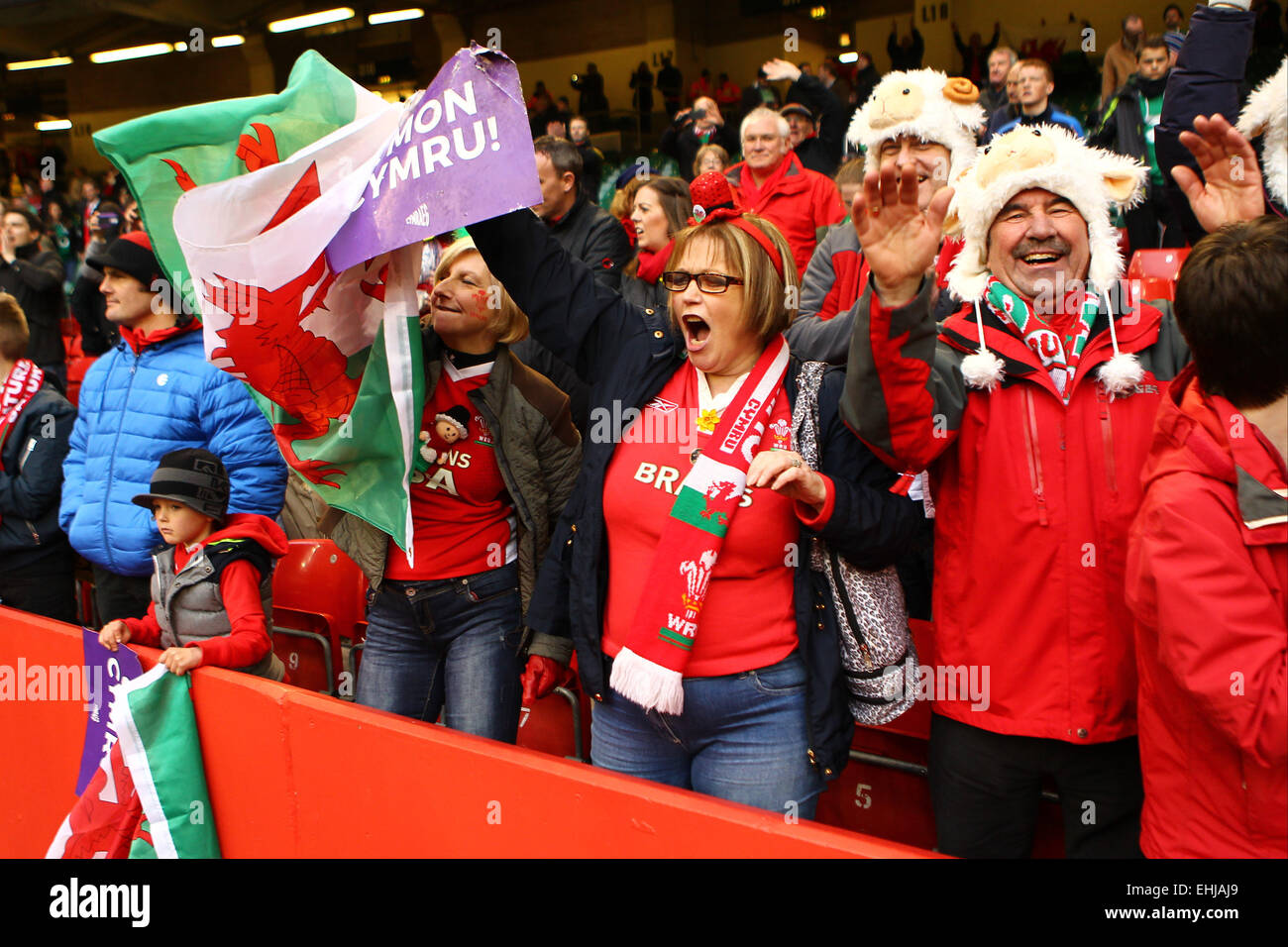 Cardiff, Wales. 14. März 2015. 6 Nations Championship. Wales vs. Irland. Walisischen Fans feiern ihren Sieg Credit: Action Plus Sport/Alamy Live News Stockfoto