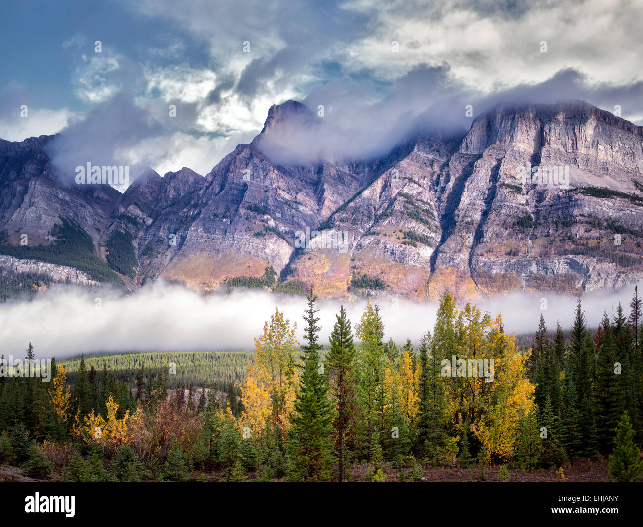Nebel und niedrige Wolken mit Herbstfarben. Banff Nationalpark. Alberta, Kanada Stockfoto