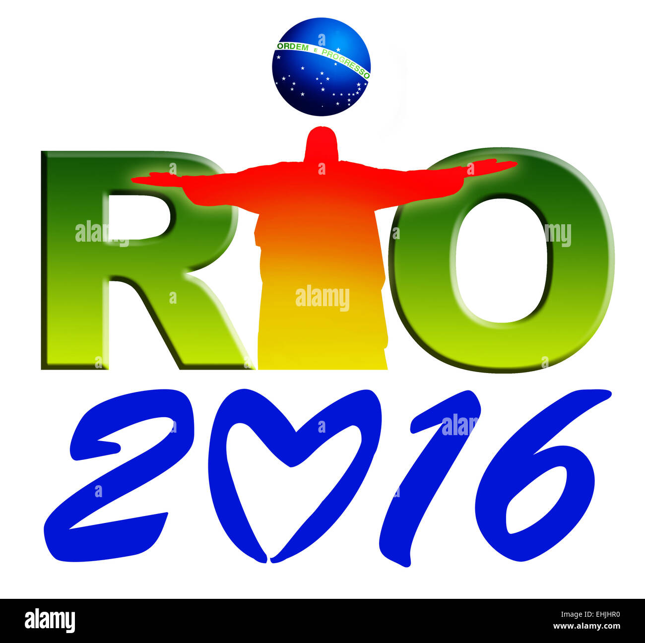 Rio World Olympia 2016 inoffiziellen Logo mit brasilianischen Flagge isoliert auf weißem Hintergrund. Stockfoto