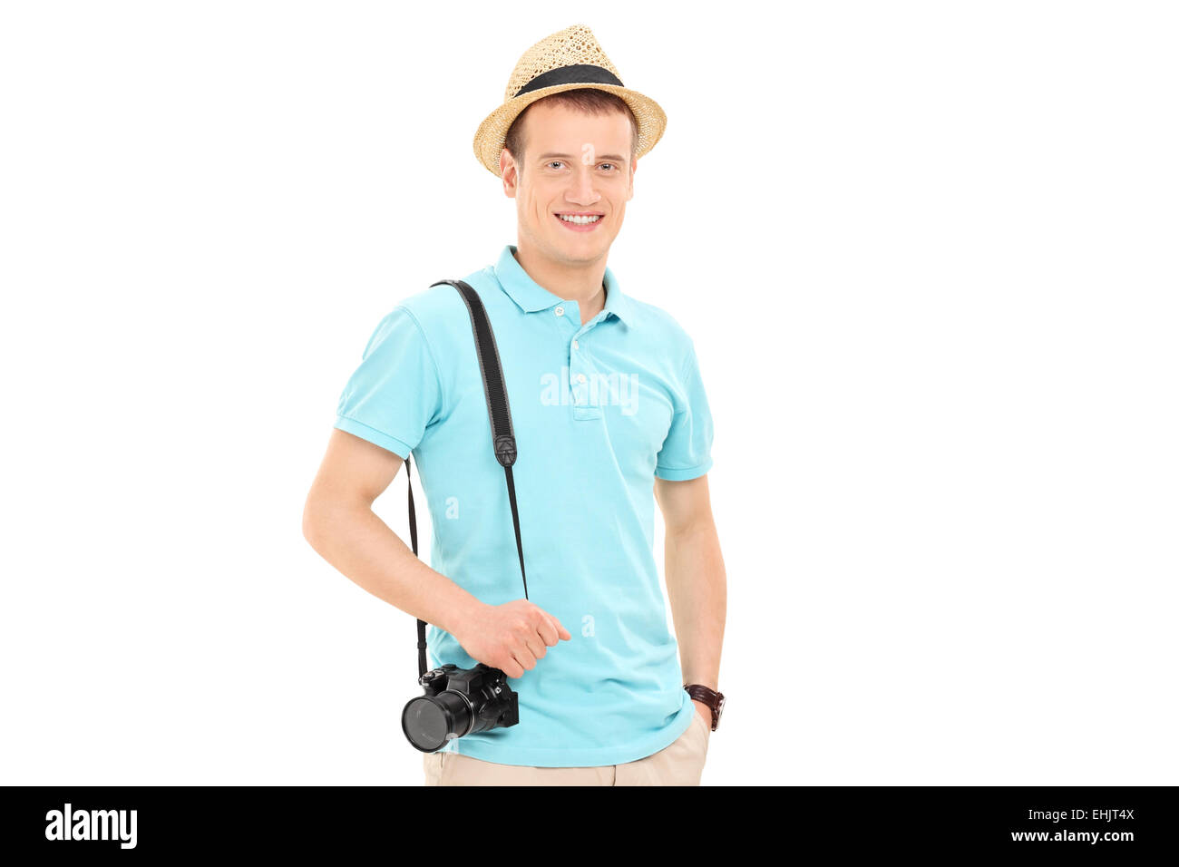 Junge männliche Touristen posieren isolierten auf weißen Hintergrund Stockfoto