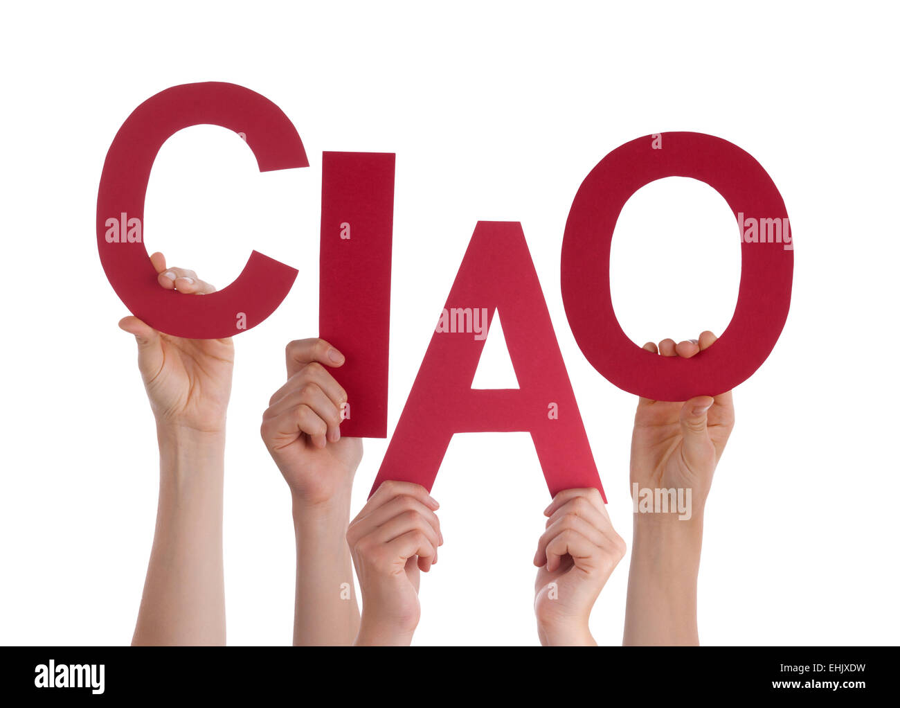 Viele kaukasische Menschen und Händen mit roten Buchstaben oder Zeichen Gebäude das isolierte italienische Wort Ciao welche Mittel-Goodbye-St Stockfoto